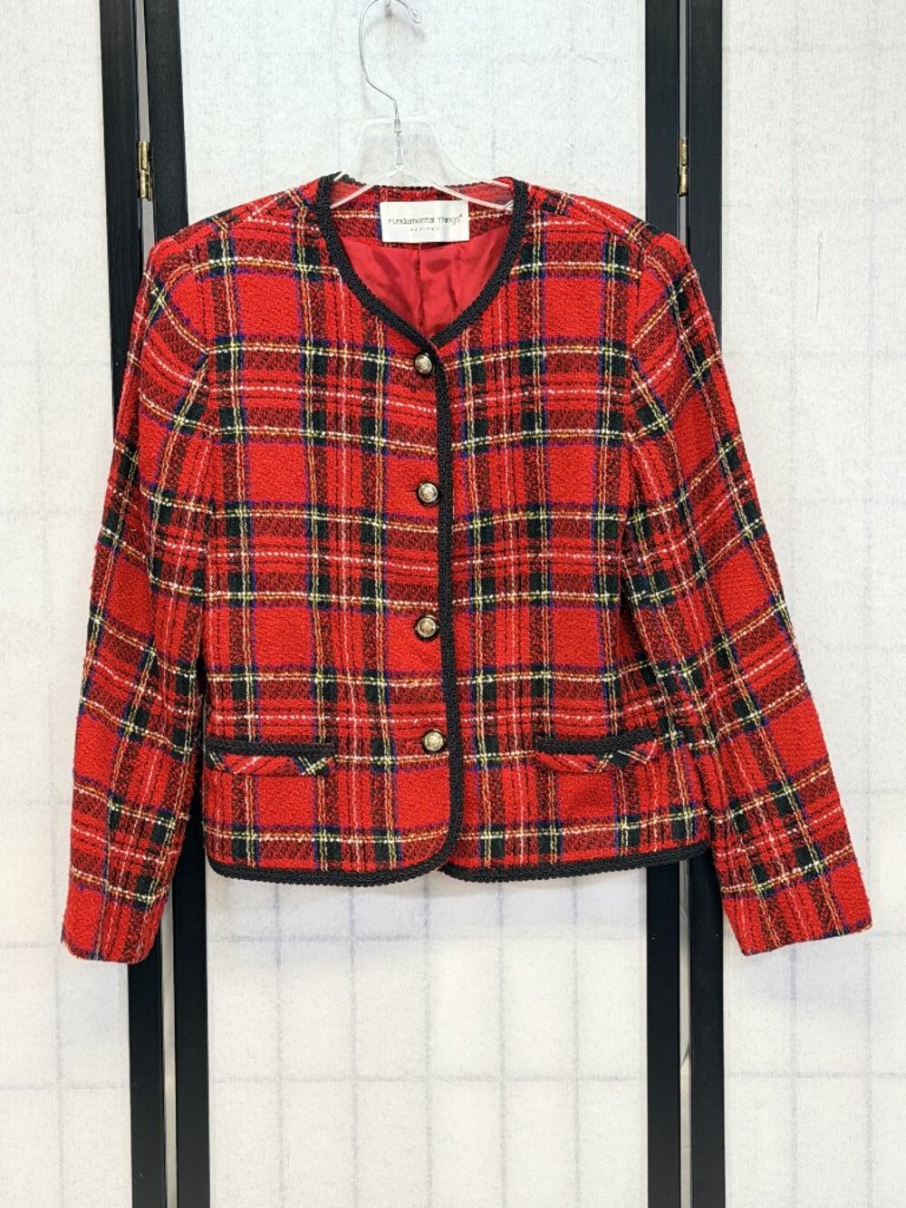 Fundamental Things Petites Plaid Boucle Button Jacket 12 Red Black Braid Edge